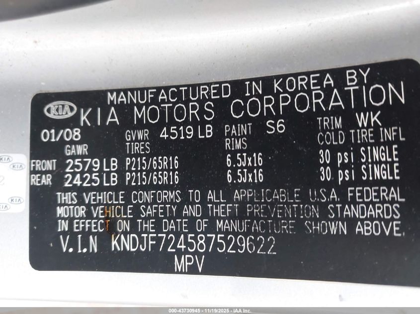 2008 Kia Sportage Lx VIN: KNDJF724587529622 Lot: 43730945