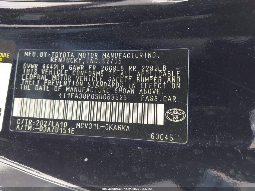 2005 Toyota Camry Solara Sle VIN: 4T1FA38P05U063525 Lot: 43730949