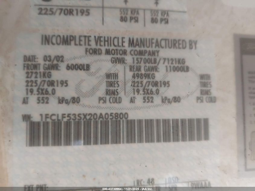 2002 Ford F550 Super Duty Stripped Chass VIN: 1FCLF53SX20A05800 Lot: 43730964