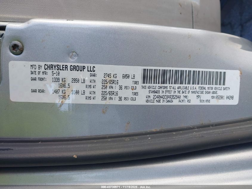 2010 Dodge Grand Caravan Se VIN: 2D4RN4DE8AR352940 Lot: 43730971