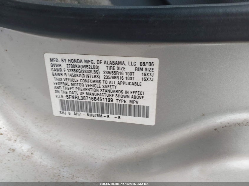 2006 Honda Odyssey Ex-L VIN: 5FNRL38716B461199 Lot: 43730988