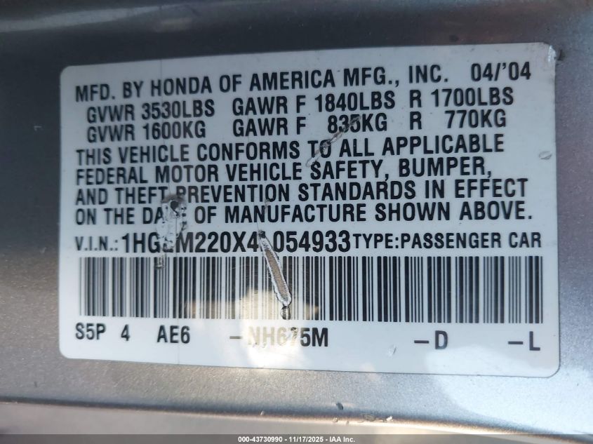 2004 Honda Civic Ex VIN: 1HGEM220X4L054933 Lot: 43730990