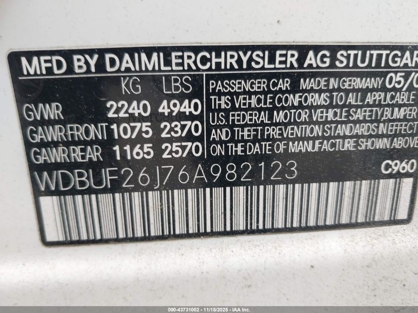 2006 Mercedes-Benz E 320 Cdi VIN: WDBUF26J76A982123 Lot: 43731002