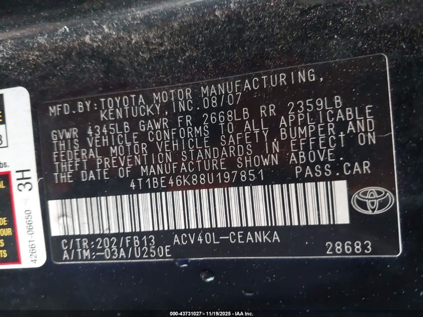 2008 Toyota Camry Le VIN: 4T1BE46K88U197851 Lot: 43731027