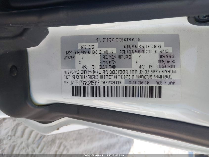 2008 Mazda Rx-8 Grand Touring VIN: JM1FE173480215345 Lot: 43731029