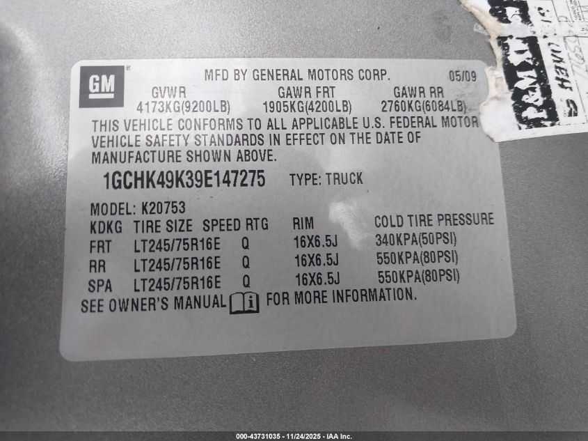 2009 Chevrolet Silverado 2500Hd Work Truck VIN: 1GCHK49K39E147275 Lot: 43731035