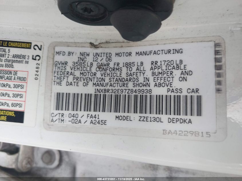 2007 Toyota Corolla Ce VIN: 1NXBR32E97Z849938 Lot: 43731051