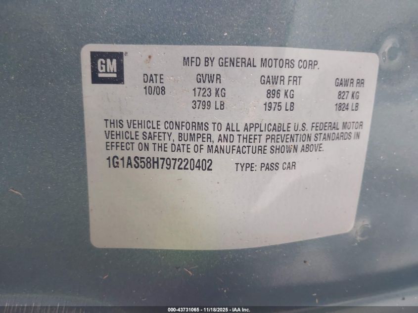 2009 Chevrolet Cobalt Ls VIN: 1G1AS58H797220402 Lot: 43731065