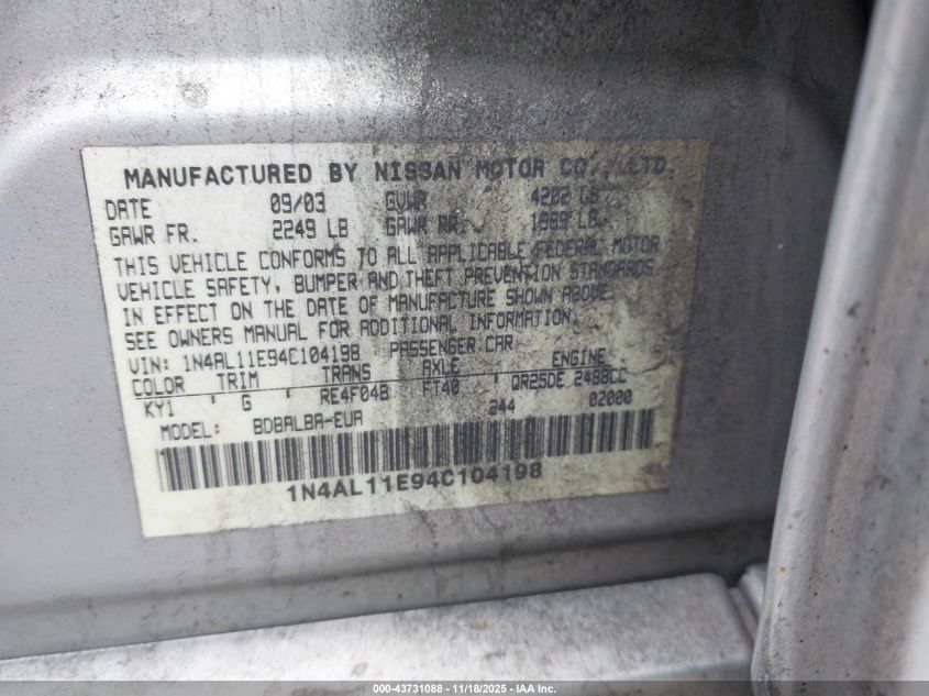2004 Nissan Altima 2.5 S VIN: 1N4AL11E94C104198 Lot: 43731088