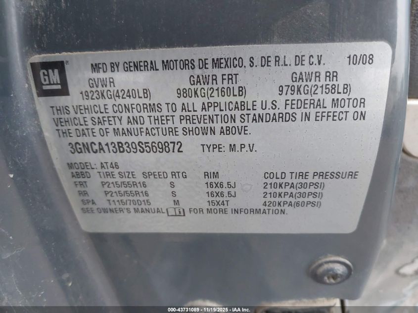 2009 Chevrolet Hhr Ls VIN: 3GNCA13B39S569872 Lot: 43731089