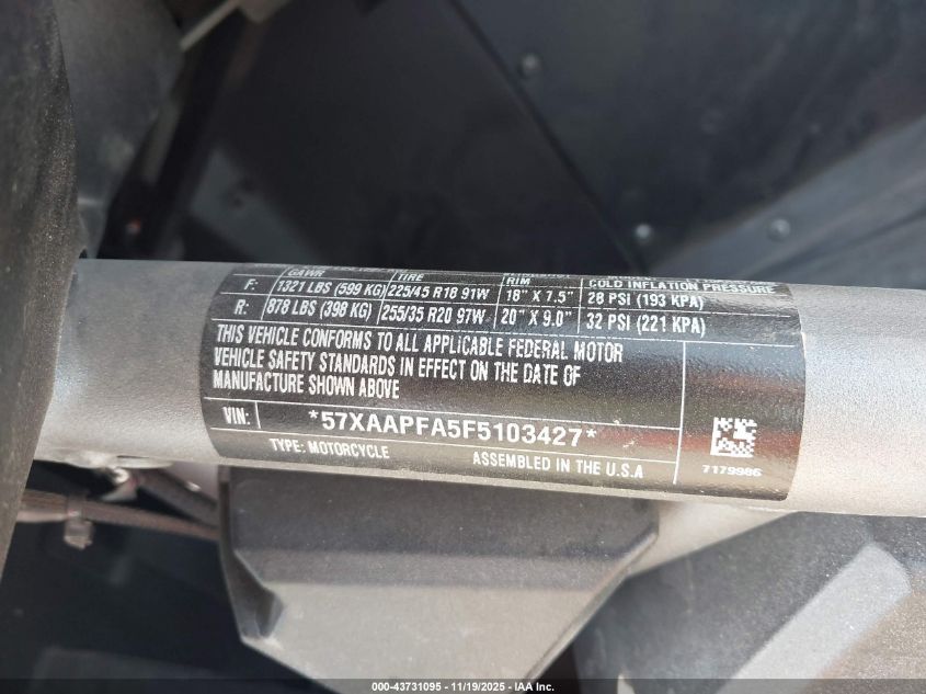 2015 Polaris Slingshot Sl VIN: 57XAAPFA5F5103427 Lot: 43731095