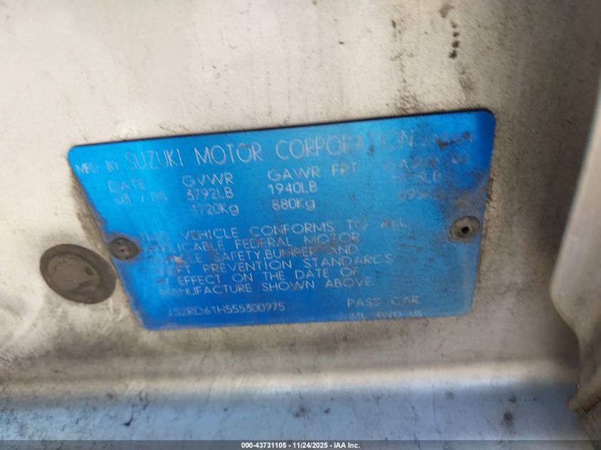 2005 Suzuki Aerio Sx VIN: JS2RD61H555300975 Lot: 43731105