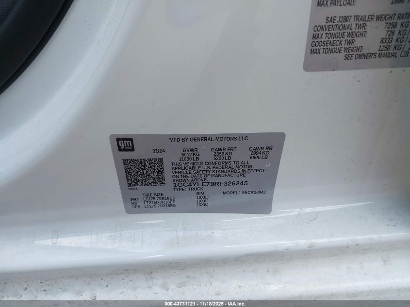2024 Chevrolet Silverado 2500Hd 4Wd Long Bed Work Truck VIN: 1GC4YLE79RF326245 Lot: 43731121