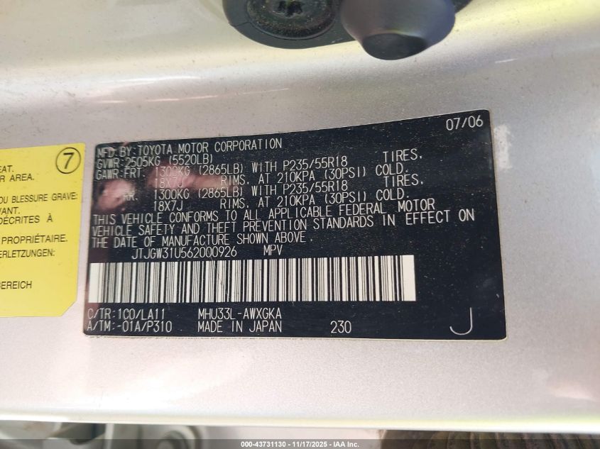 2006 Lexus Rx 400H VIN: JTJGW31U562000926 Lot: 43731130