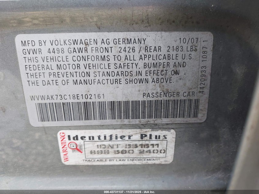 WVWAK73C18E102161 2008 VOLKSWAGEN PASSAT photo no. 9