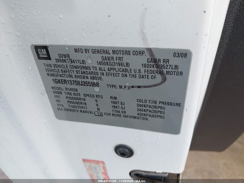 2008 GMC Acadia Sle-1 VIN: 1GKER13758J265968 Lot: 43731138