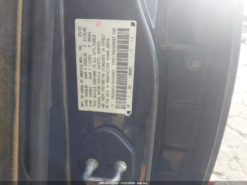 2007 Acura Tl 3.2 VIN: 19UUA66217A030883 Lot: 43731143