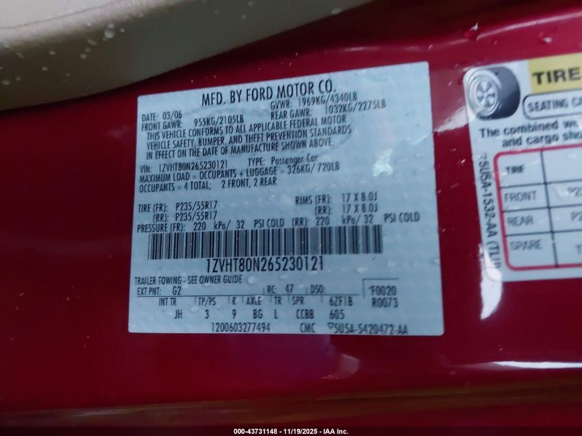 2006 Ford Mustang V6 VIN: 1ZVHT80N265230121 Lot: 43731148