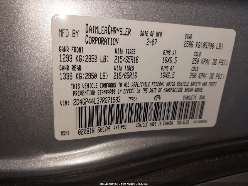 2007 Dodge Grand Caravan Sxt VIN: 2D4GP44L37R271983 Lot: 43731158