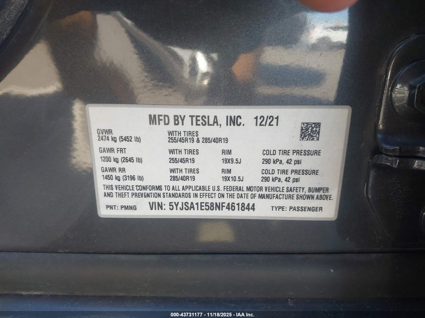2022 Tesla Model S Dual Motor All-Wheel Drive VIN: 5YJSA1E58NF461844 Lot: 43731177