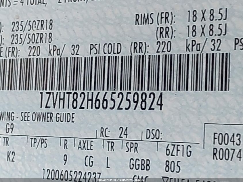 2006 Ford Mustang Gt VIN: 1ZVHT82H665259824 Lot: 43731183