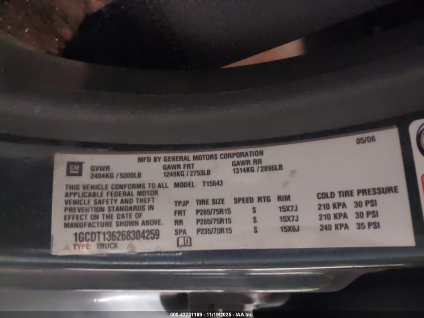 2006 Chevrolet Colorado Lt VIN: 1GCDT136268304259 Lot: 43731189