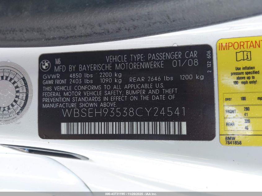 2008 BMW M6 VIN: WBSEH93538CY24541 Lot: 43731195