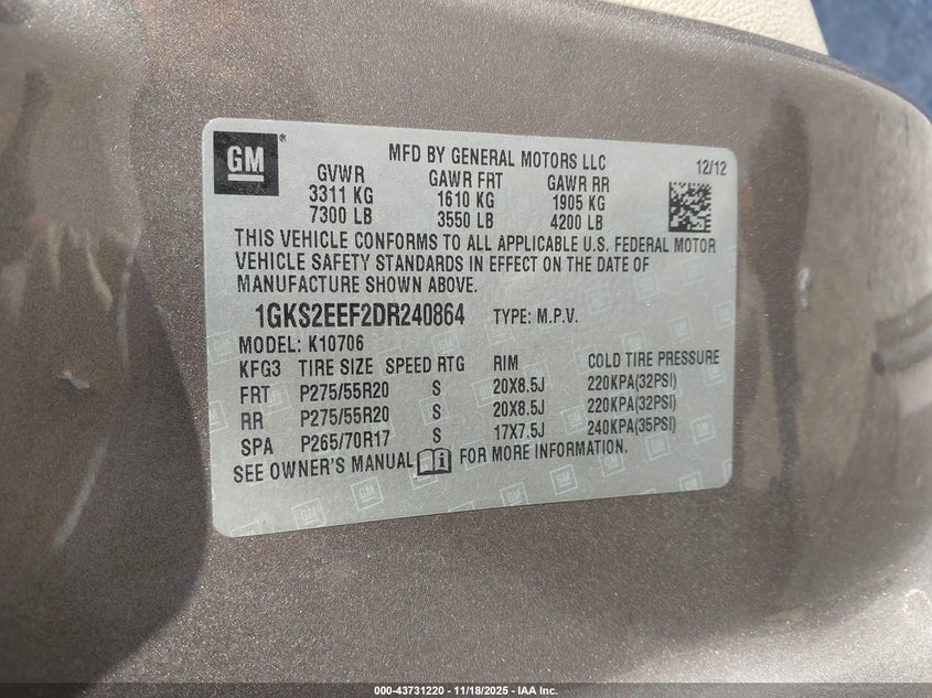 2013 GMC Yukon Denali VIN: 1GKS2EEF2DR240864 Lot: 43731220