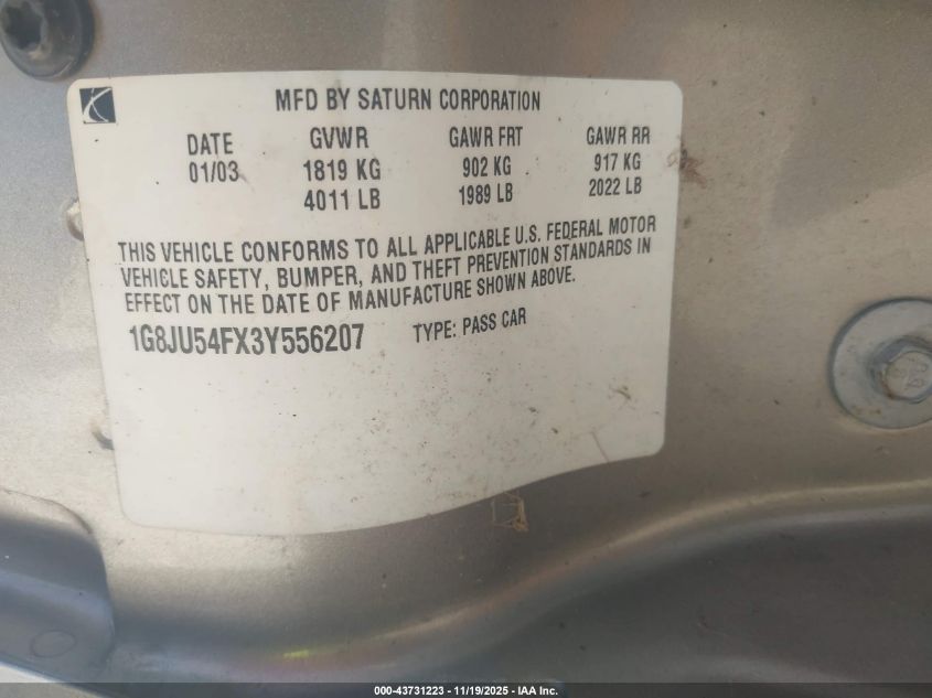 2003 Saturn L-Series L200 VIN: 1G8JU54FX3Y556207 Lot: 43731223