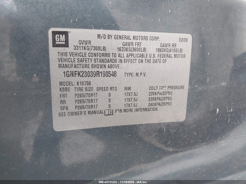 2009 Chevrolet Tahoe Lt2 VIN: 1GNFK23039R190548 Lot: 43731231