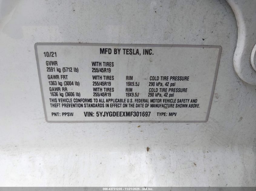 2021 Tesla Model Y Long Range Dual Motor All-Wheel Drive VIN: 5YJYGDEEXMF301697 Lot: 43731235