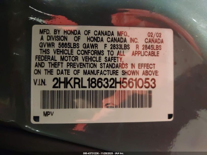 2002 Honda Odyssey Ex VIN: 2HKRL18632H561053 Lot: 43731236