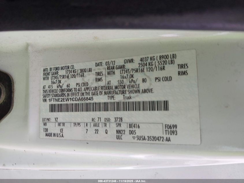 2012 Ford E-250 Commercial VIN: 1FTNE2EW1CDA66845 Lot: 43731246