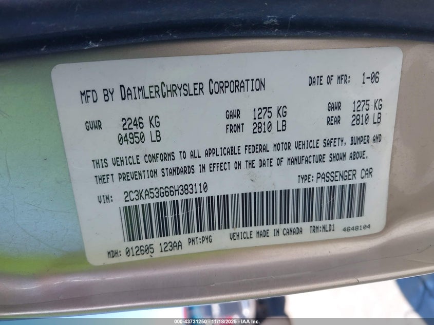 2006 Chrysler 300 Touring VIN: 2C3KA53G66H383110 Lot: 43731250