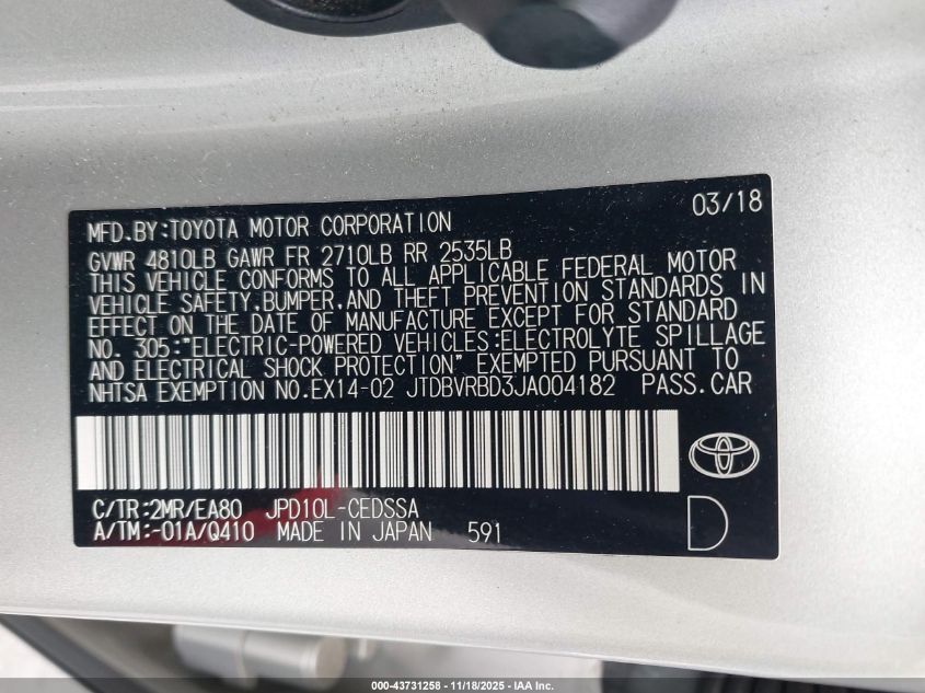 2018 Toyota Mirai VIN: JTDBVRBD3JA004182 Lot: 43731258