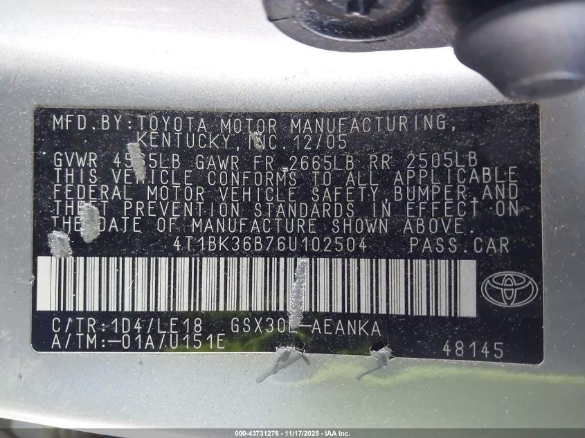 2006 Toyota Avalon Touring VIN: 4T1BK36B76U102504 Lot: 43731276