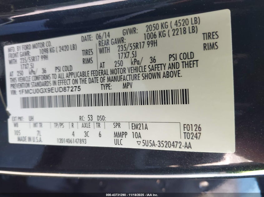 2014 Ford Escape Se VIN: 1FMCU0GX9EUD87275 Lot: 43731290