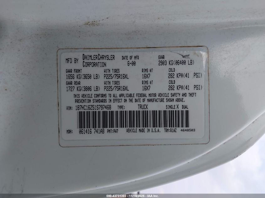 2001 Dodge Ram 1500 St VIN: 1B7HC16Z51S797468 Lot: 43731303