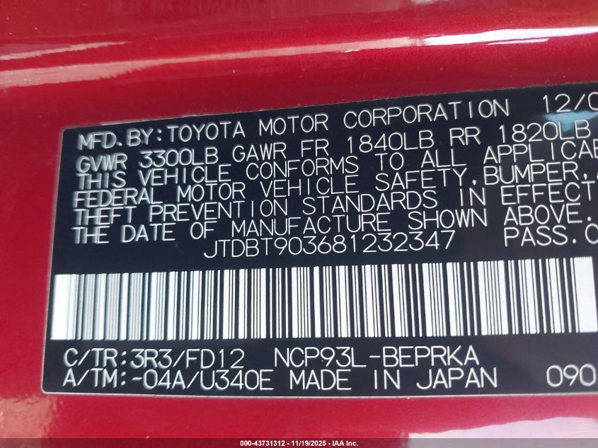 2008 Toyota Yaris VIN: JTDBT903681232347 Lot: 43731312