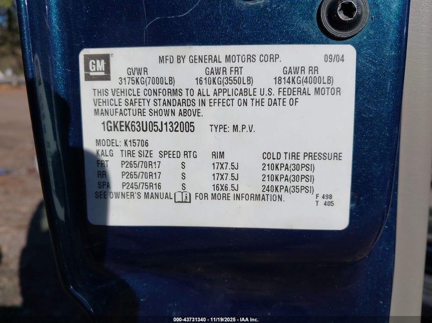 2005 GMC Yukon Denali VIN: 1GKEK63U05J132005 Lot: 43731340