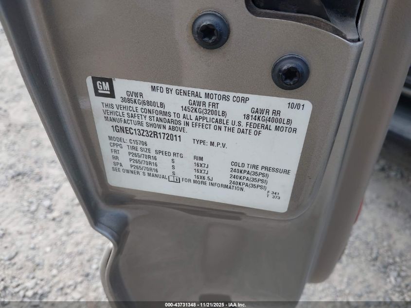 2002 Chevrolet Tahoe Lt VIN: 1GNEC13Z32R172011 Lot: 43731348