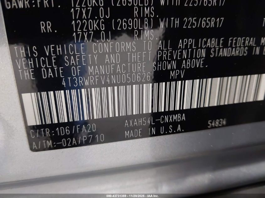 2022 Toyota Rav4 Hybrid Xle VIN: 4T3RWRFV4NU050626 Lot: 43731359