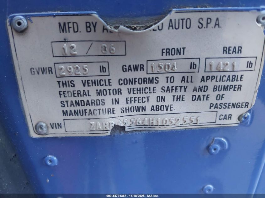 1987 Alfa Romeo Spider Quadrifoglio VIN: ZARBA5564H1052551 Lot: 43731367