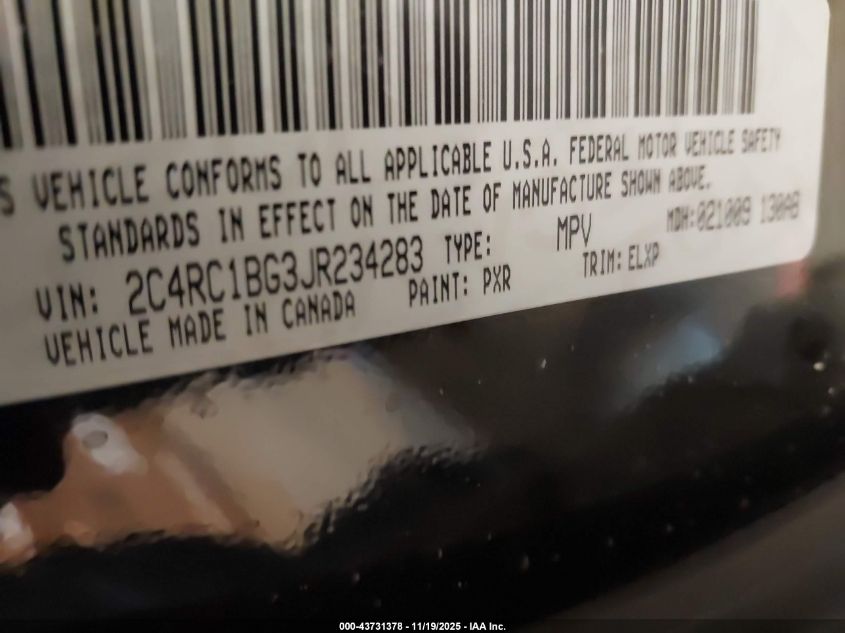 2018 Chrysler Pacifica Touring L VIN: 2C4RC1BG3JR234283 Lot: 43731378