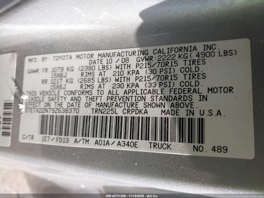 2009 Toyota Tacoma VIN: 5TETX22N79Z638370 Lot: 43731388
