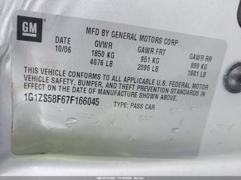2007 Chevrolet Malibu Ls VIN: 1G1ZS58F67F166045 Lot: 43731405