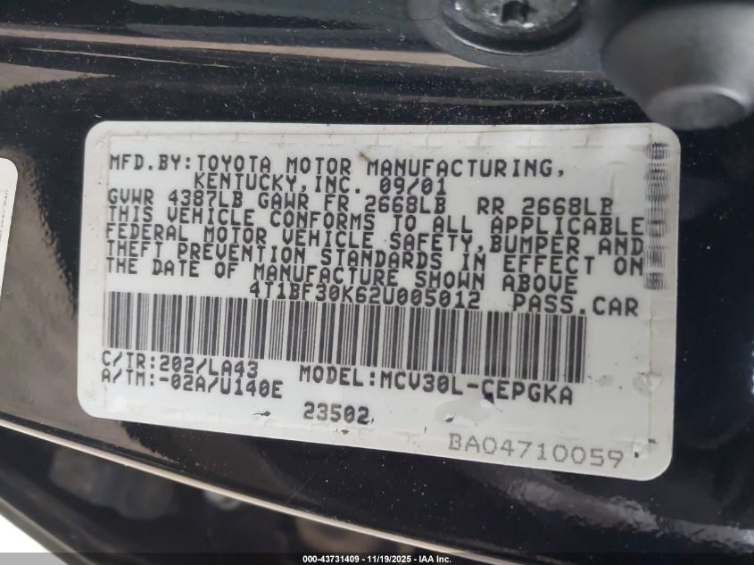 2002 Toyota Camry Xle V6 VIN: 4T1BF30K62U005012 Lot: 43731409