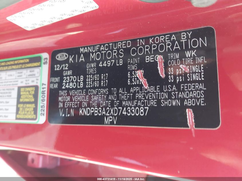 2013 Kia Sportage Lx VIN: KNDPB3A2XD7433087 Lot: 43731419