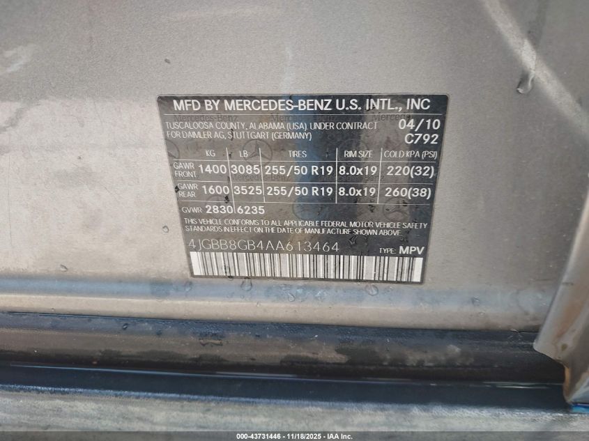 2010 Mercedes-Benz Ml 350 4Matic VIN: 4JGBB8GB4AA613464 Lot: 43731446