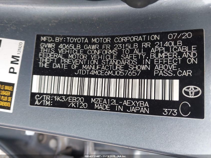 2021 Toyota Corolla Xse VIN: JTDT4MCE6MJ057657 Lot: 43731467
